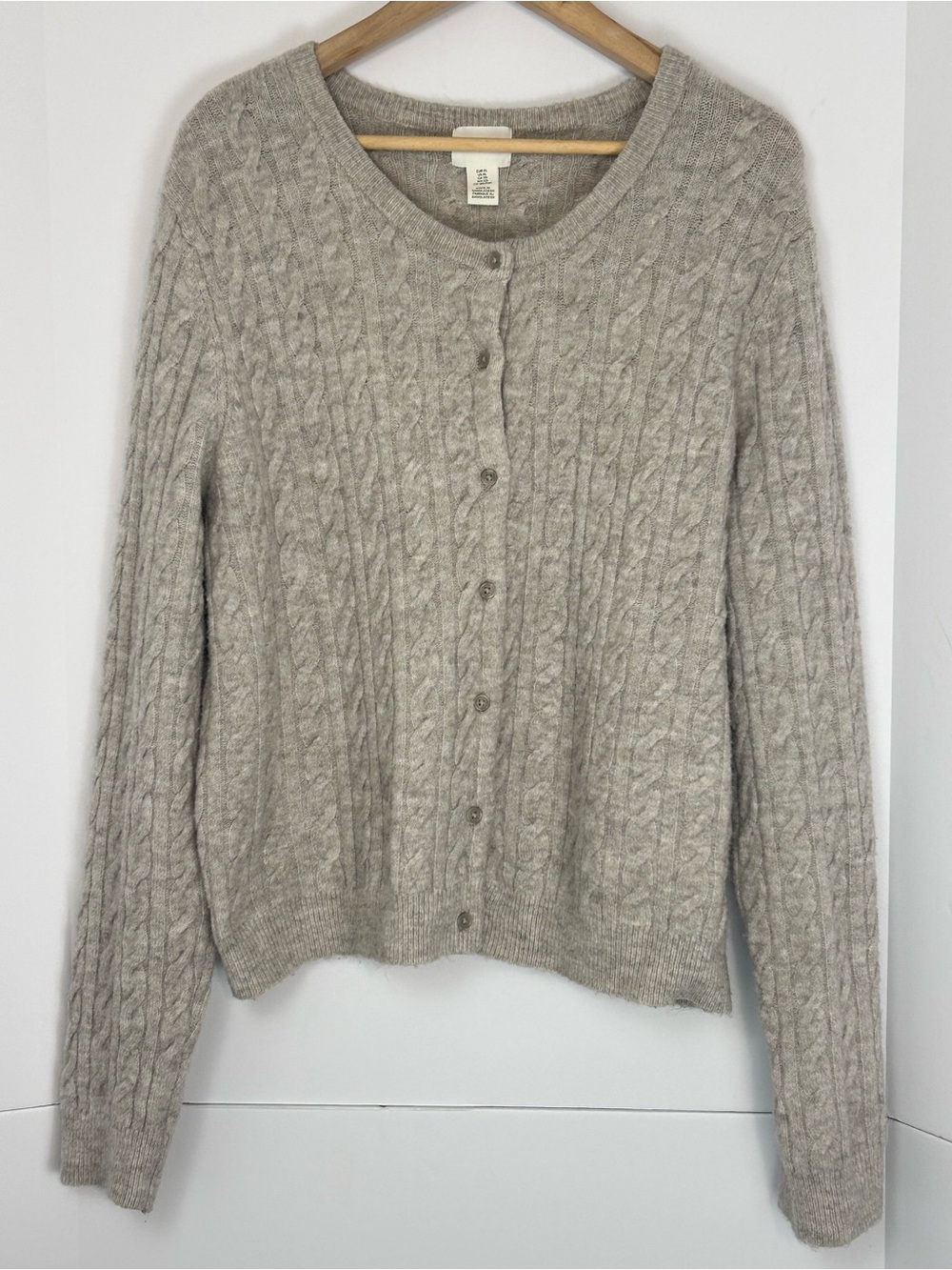 H&M Women’s Heathered Taupe Grey Cable Knit Cardigan XL Wool Blend